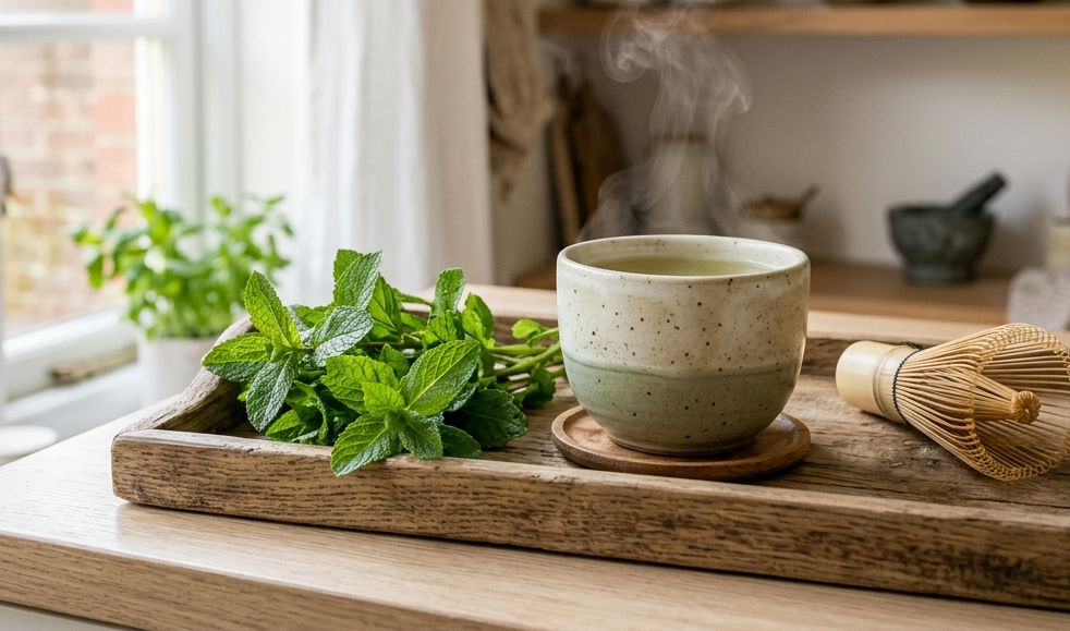 Zöld tea kerámia csészében reggeli fényben